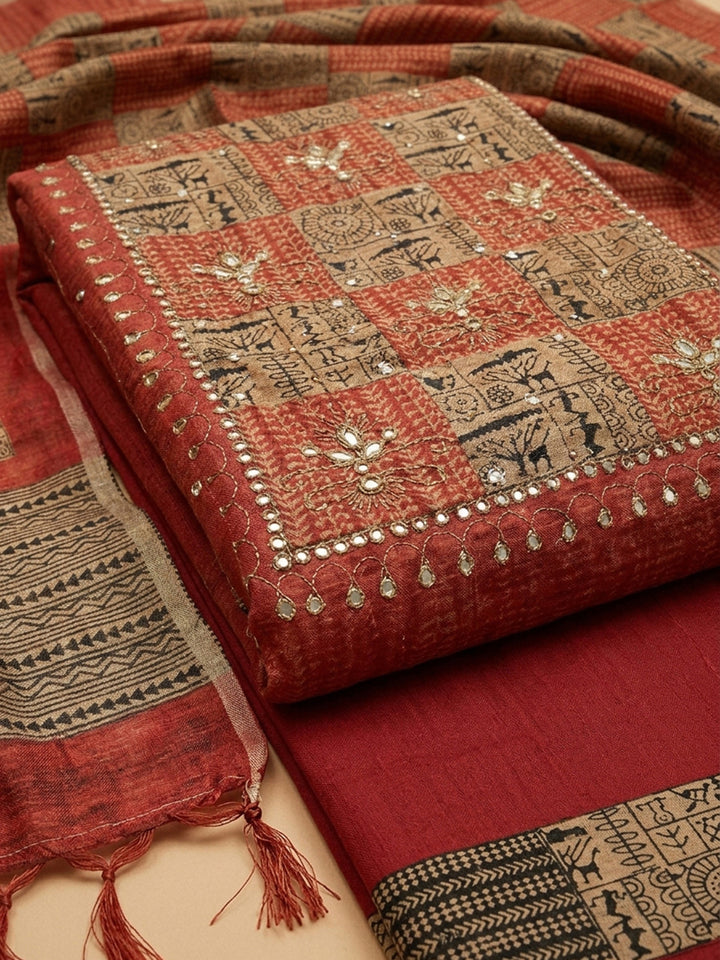 Red Printed Chanderi Unstitched Dress Material