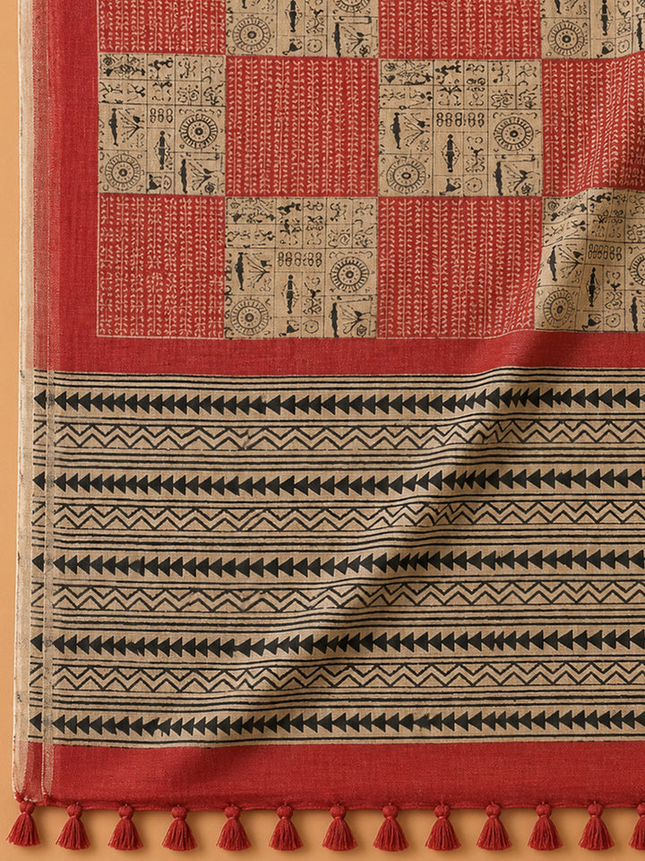 Red Printed Chanderi Unstitched Dress Material