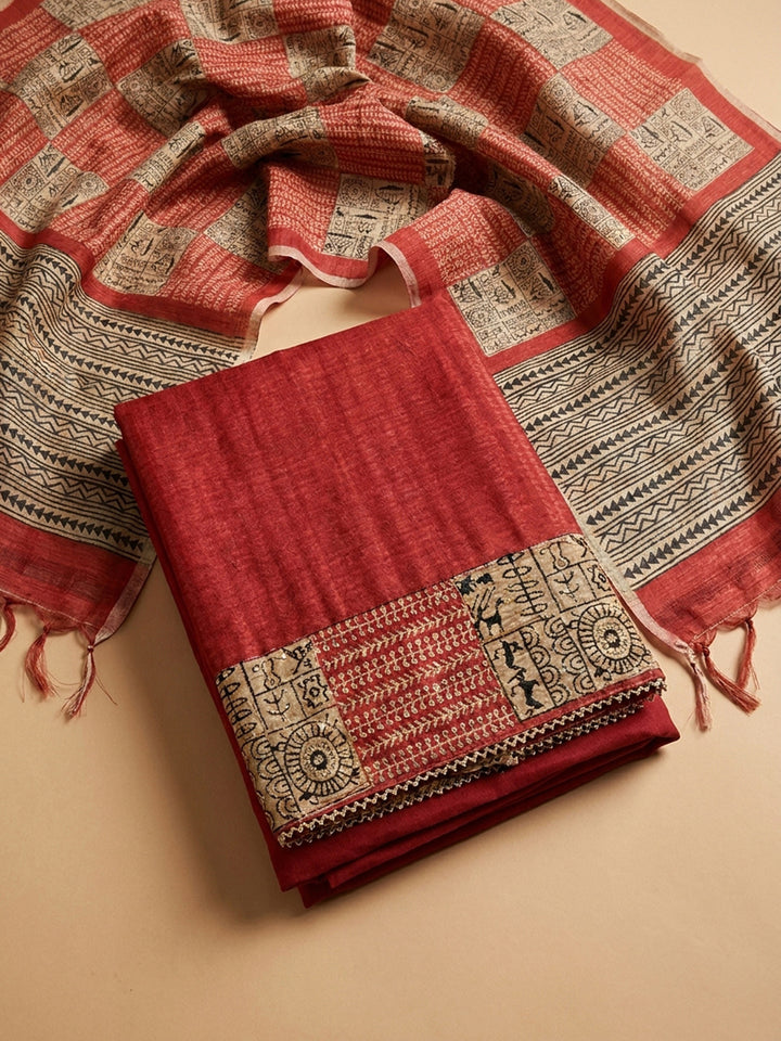 Red Printed Chanderi Unstitched Dress Material