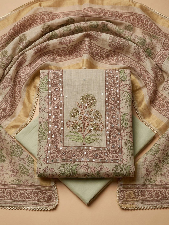 Beige Green Printed Linen Blend Unstitched Suit &amp; Pant With Linen Dupatta