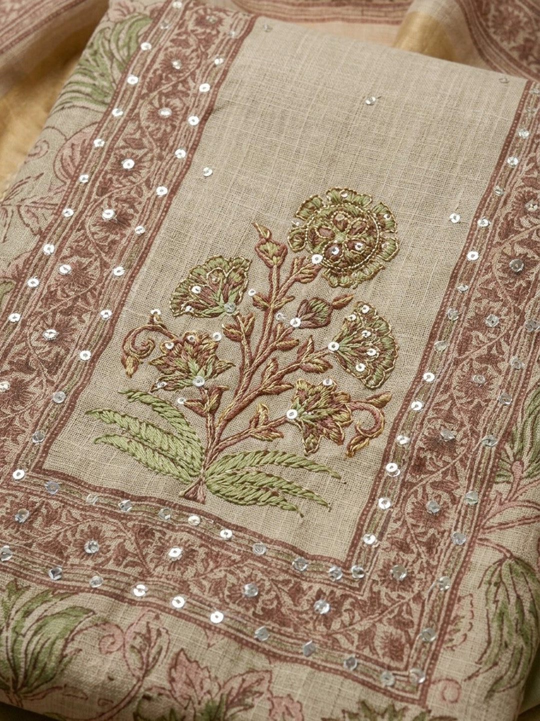 Beige Green Printed Linen Blend Unstitched Suit &amp; Pant With Linen Dupatta