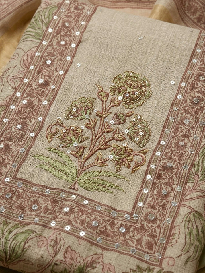 Beige Green Printed Linen Blend Unstitched Suit &amp; Pant With Linen Dupatta