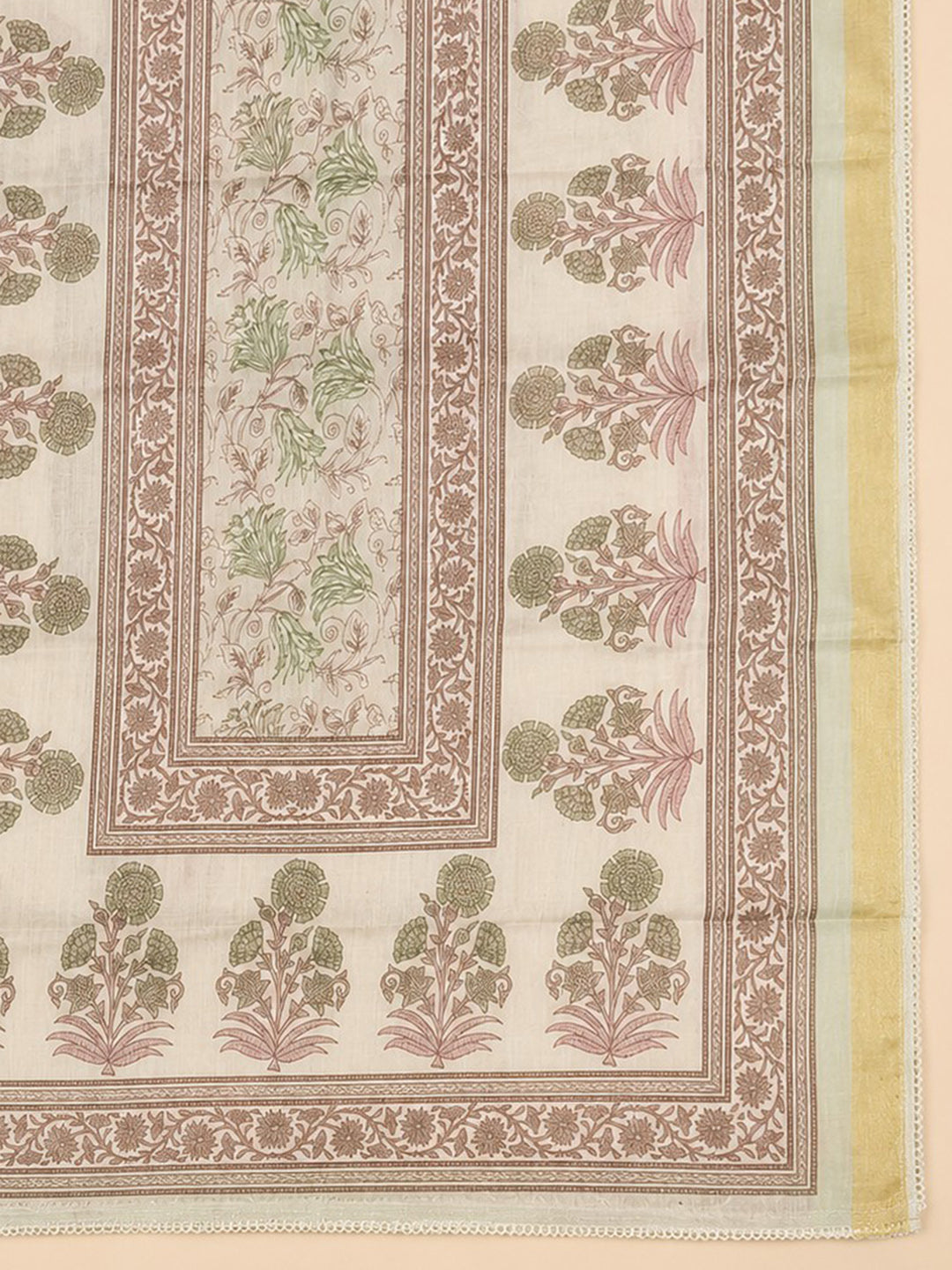 Beige Green Printed Linen Blend Unstitched Suit &amp; Pant With Linen Dupatta