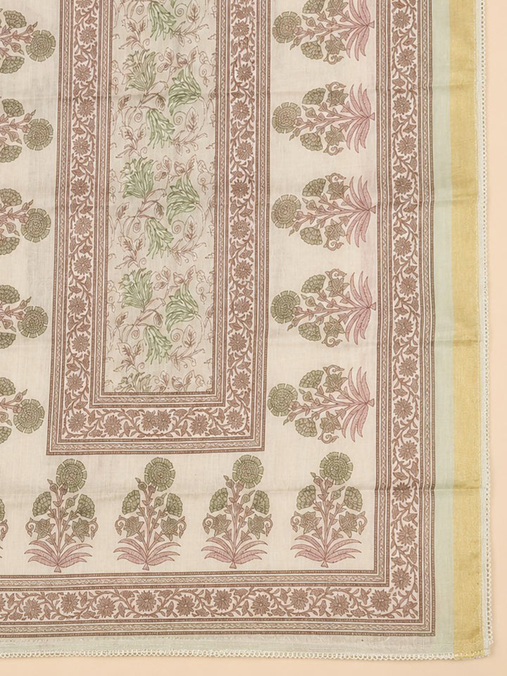 Beige Green Printed Linen Blend Unstitched Suit &amp; Pant With Linen Dupatta