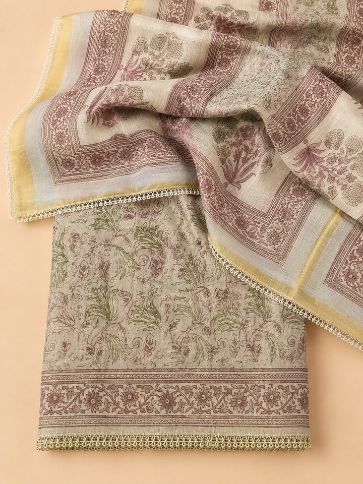 Beige Green Printed Linen Blend Unstitched Suit &amp; Pant With Linen Dupatta