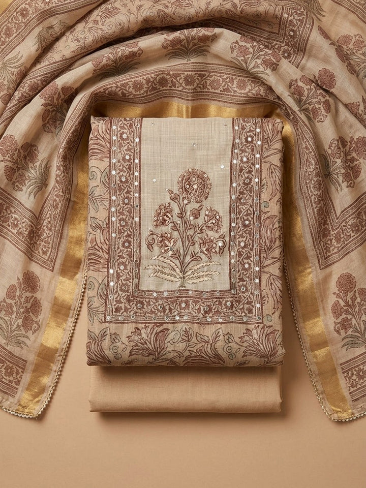 Beige Printed Linen Blend Unstitched Suit &amp; Pant With Linen Dupatta