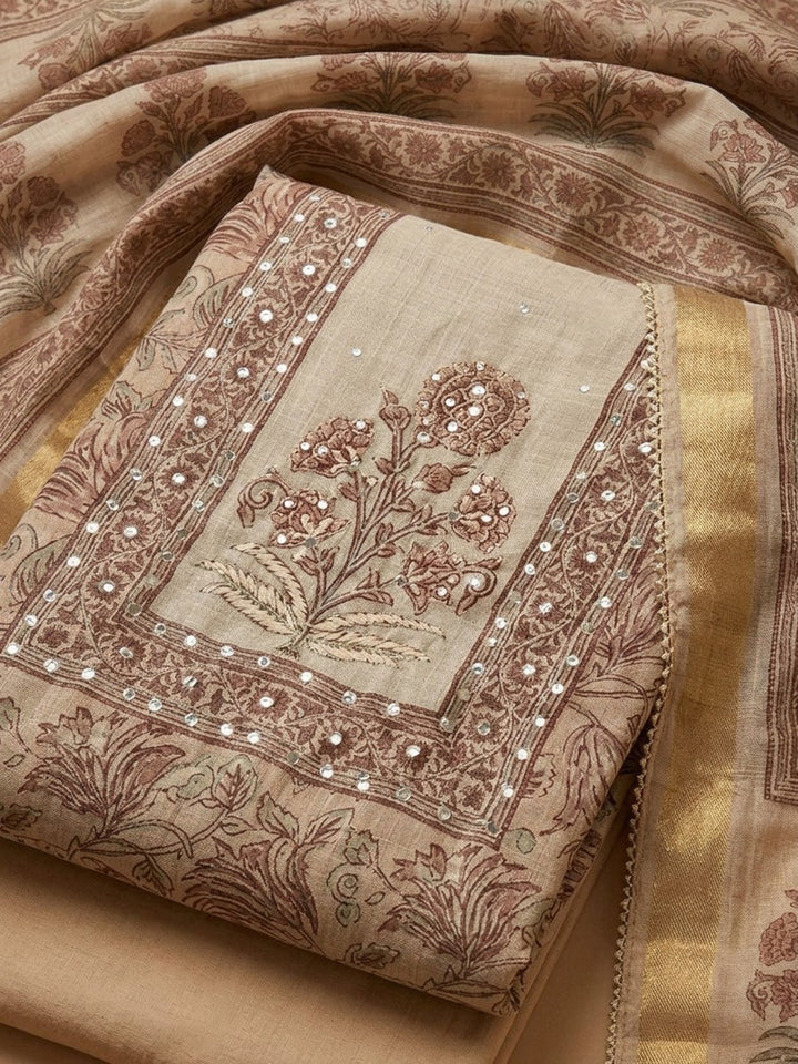 Beige Printed Linen Blend Unstitched Suit &amp; Pant With Linen Dupatta