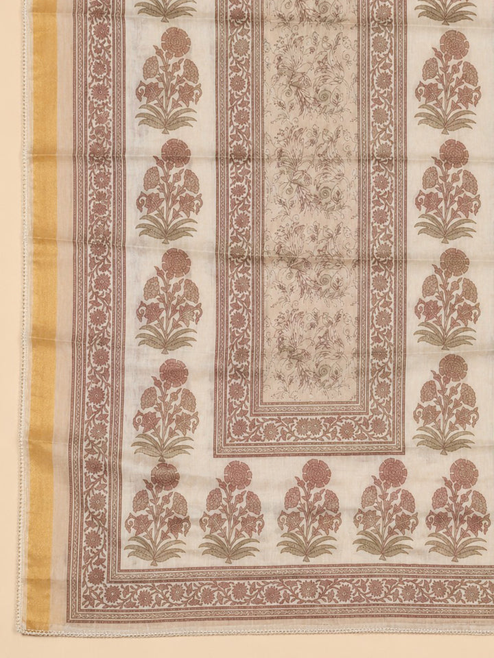 Beige Printed Linen Blend Unstitched Suit &amp; Pant With Linen Dupatta