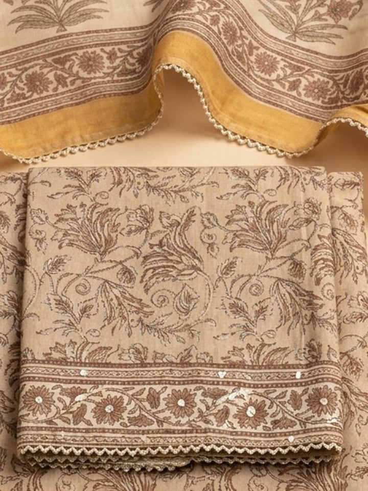 Beige Printed Linen Blend Unstitched Suit &amp; Pant With Linen Dupatta