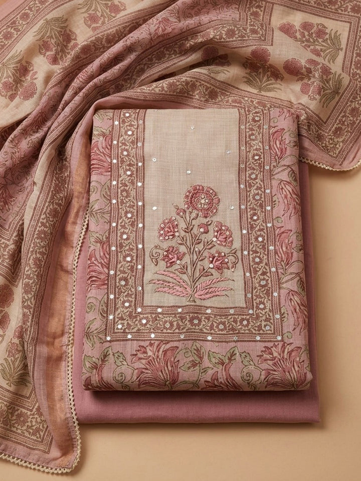 Pink Printed Linen Blend Unstitched Suit &amp; Pant With Linen Dupatta