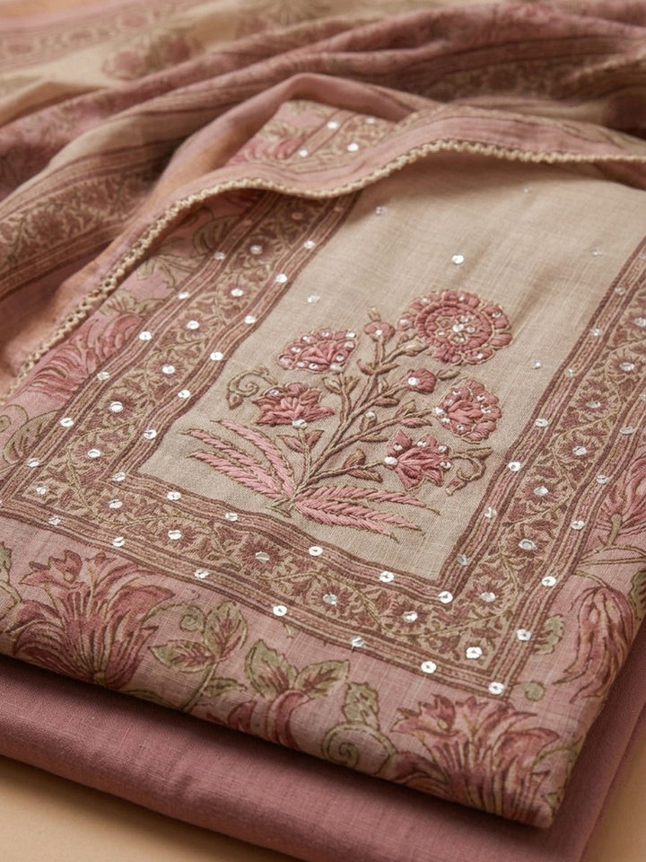 Pink Printed Linen Blend Unstitched Suit &amp; Pant With Linen Dupatta