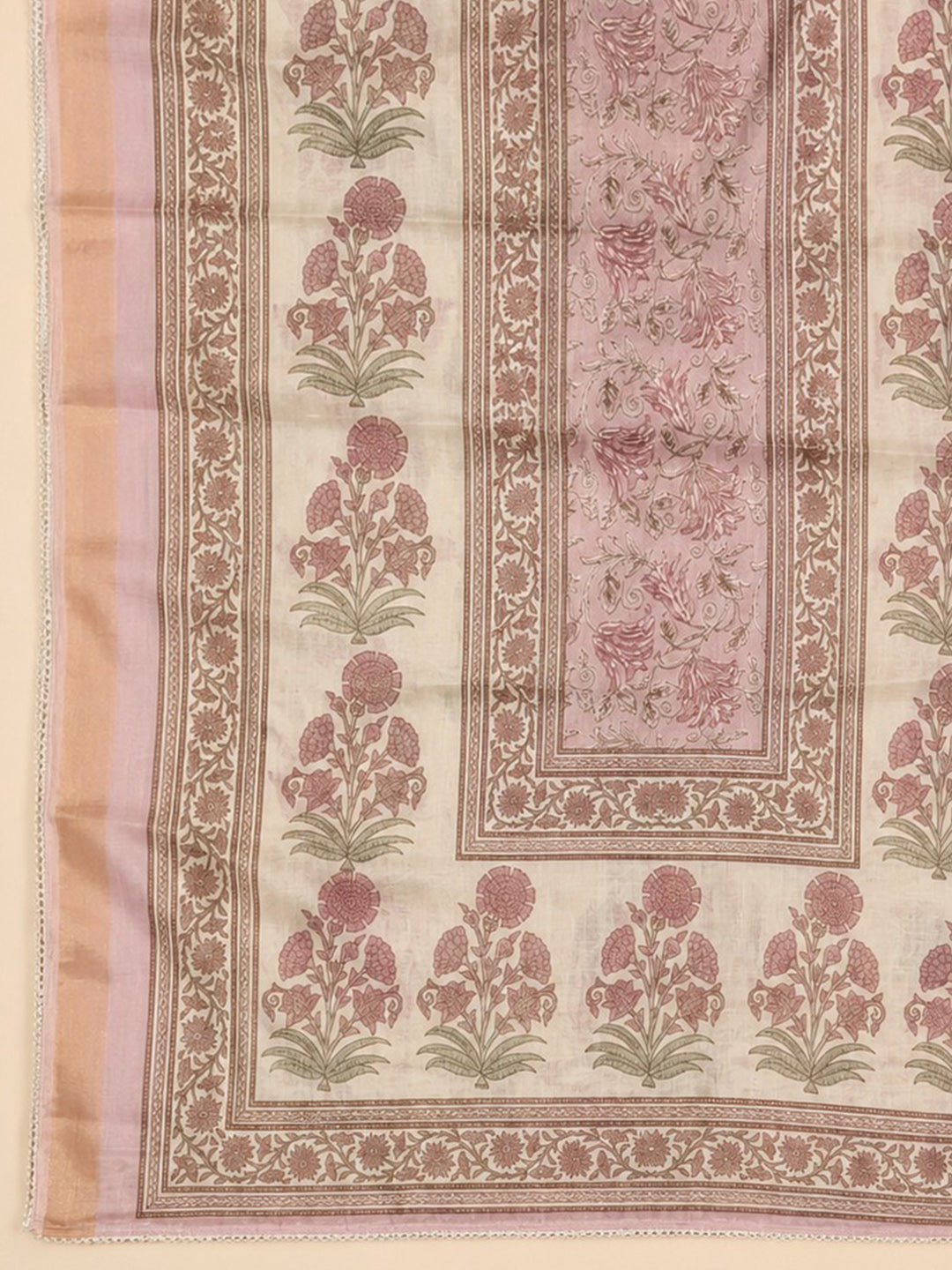 Pink Printed Linen Blend Unstitched Suit &amp; Pant With Linen Dupatta