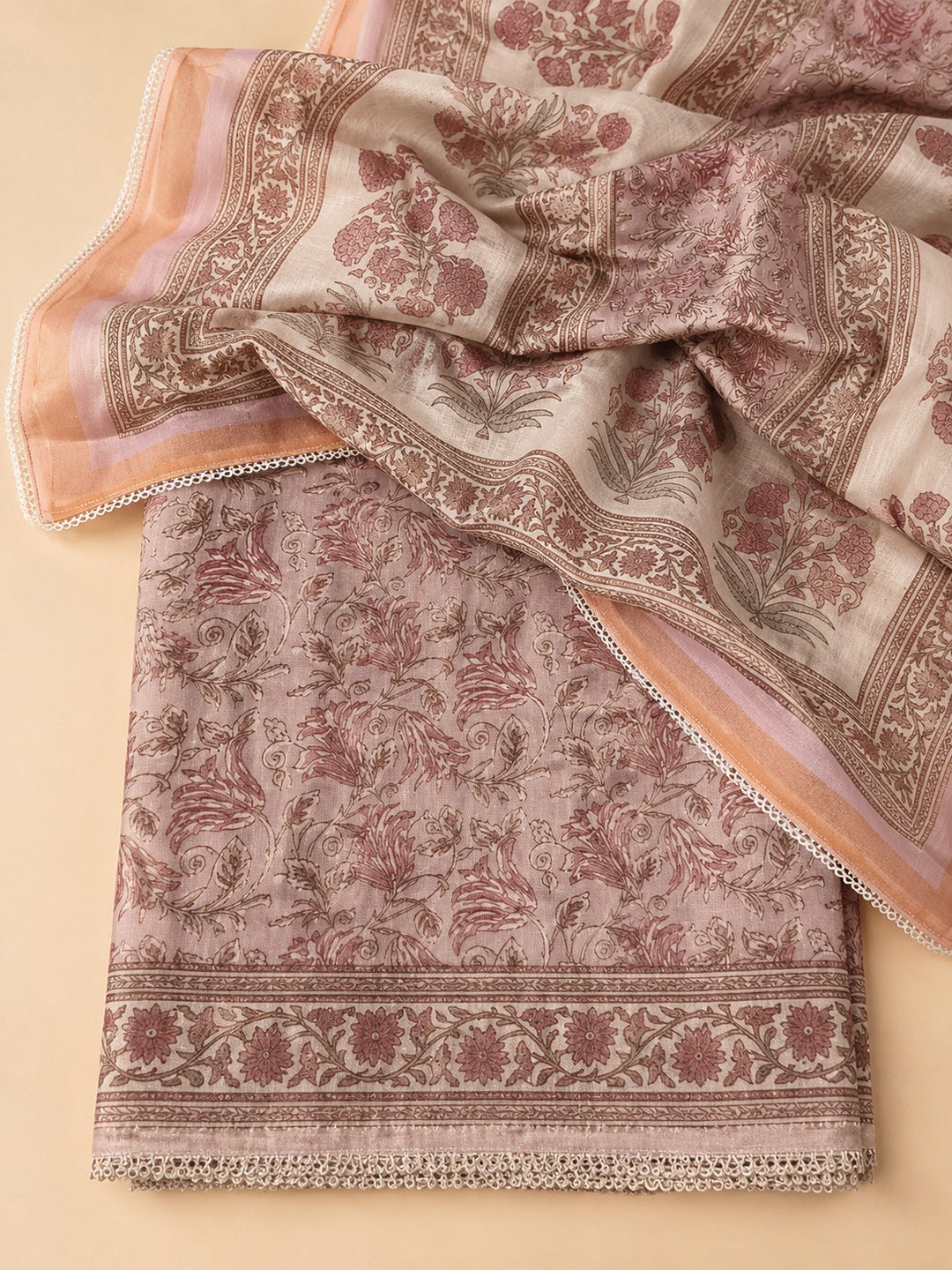 Pink Printed Linen Blend Unstitched Suit &amp; Pant With Linen Dupatta