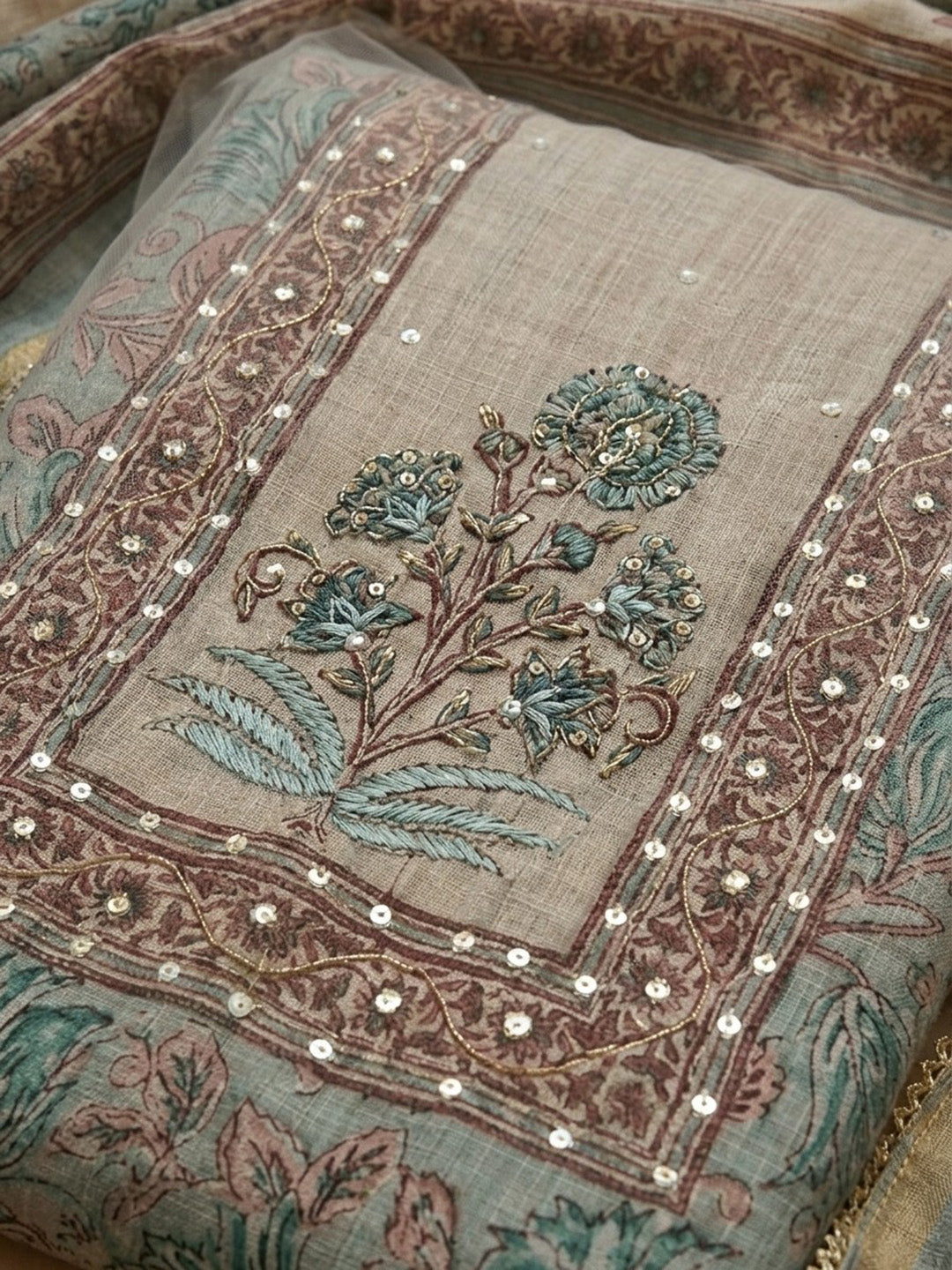 Sky Blue Printed Linen Blend Unstitched Suit &amp; Pant With Linen Dupatta