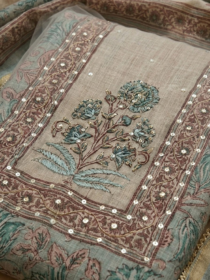Sky Blue Printed Linen Blend Unstitched Suit &amp; Pant With Linen Dupatta