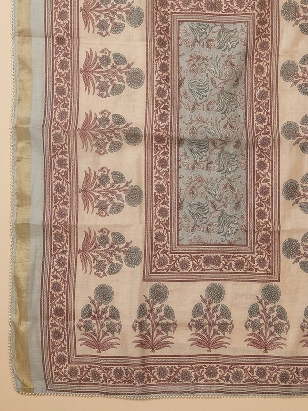 Sky Blue Printed Linen Blend Unstitched Suit &amp; Pant With Linen Dupatta