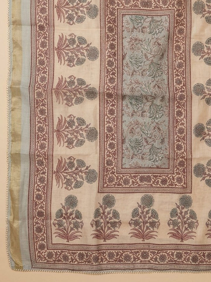 Sky Blue Printed Linen Blend Unstitched Suit &amp; Pant With Linen Dupatta