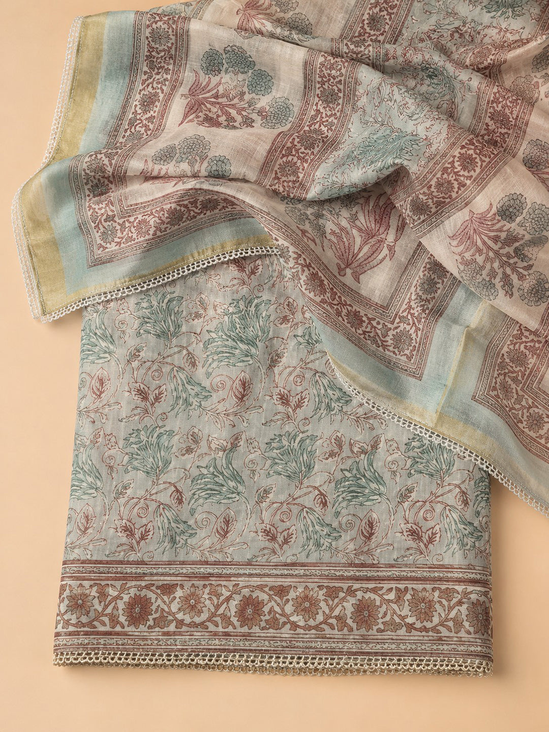 Sky Blue Printed Linen Blend Unstitched Suit &amp; Pant With Linen Dupatta