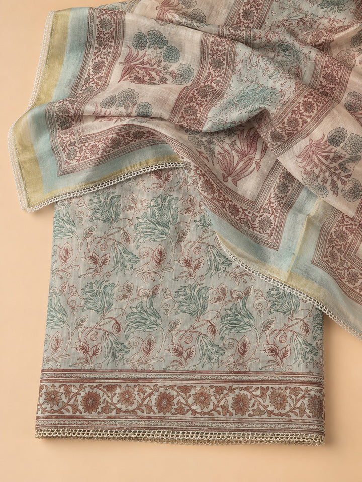 Sky Blue Printed Linen Blend Unstitched Suit &amp; Pant With Linen Dupatta