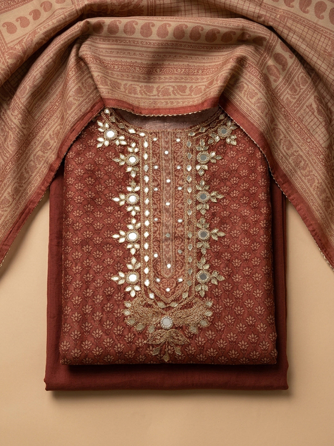 Brown Embroidery Chanderi Unstitched Dress Material