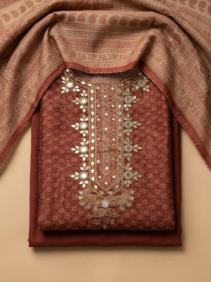Brown Embroidery Chanderi Unstitched Dress Material