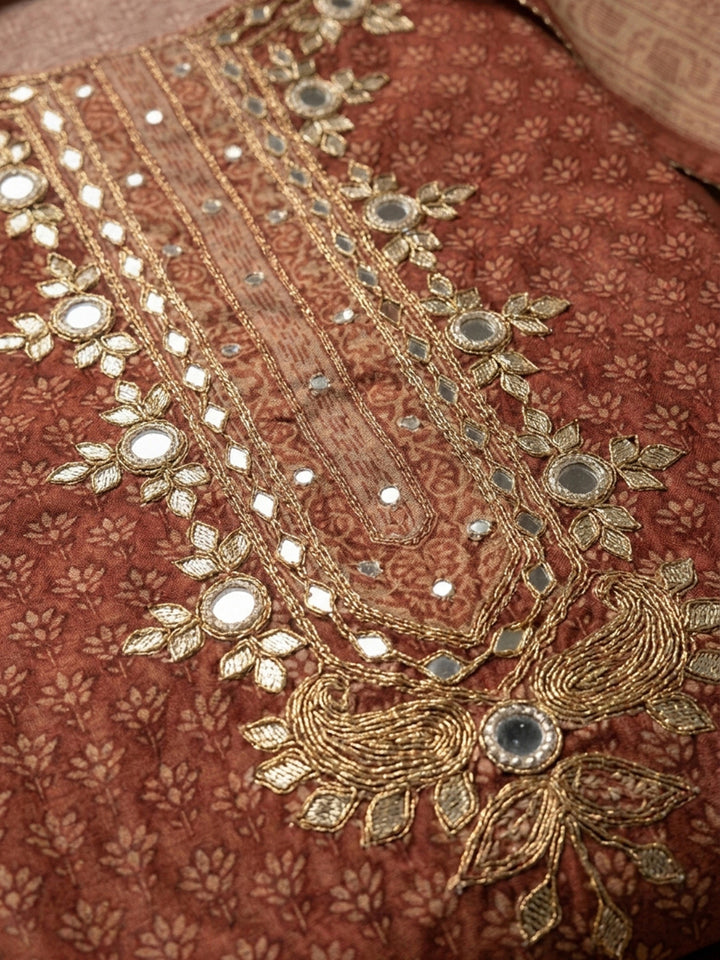 Brown Embroidery Chanderi Unstitched Dress Material