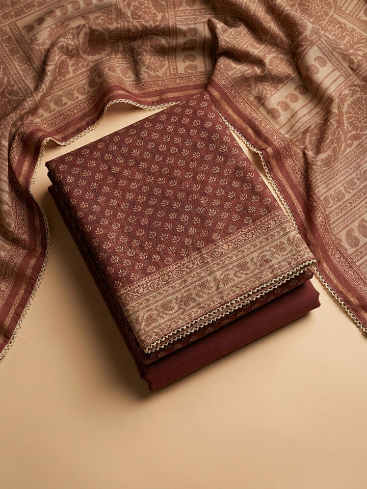 Brown Embroidery Chanderi Unstitched Dress Material