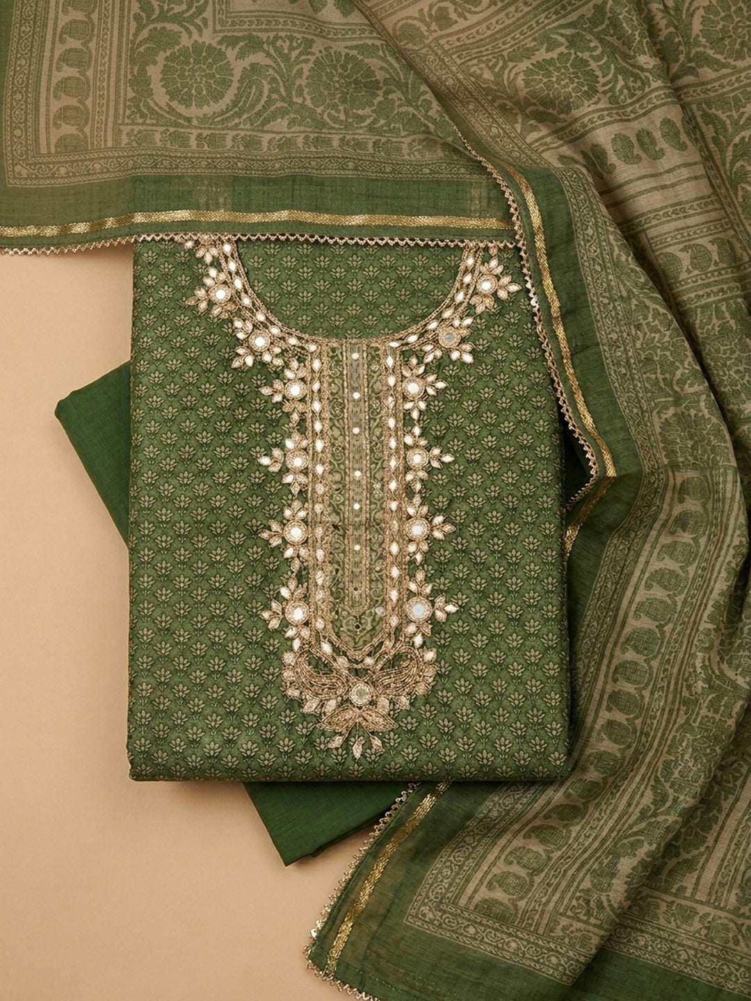 Green Embroidery Chanderi Unstitched Dress Material