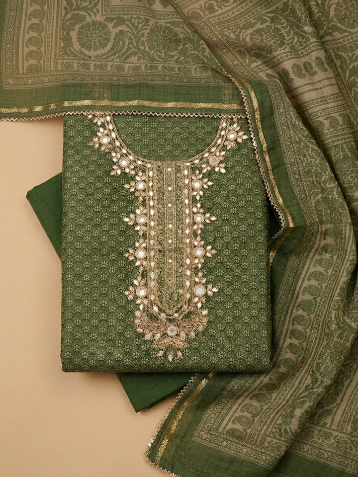 Green Embroidery Chanderi Unstitched Dress Material