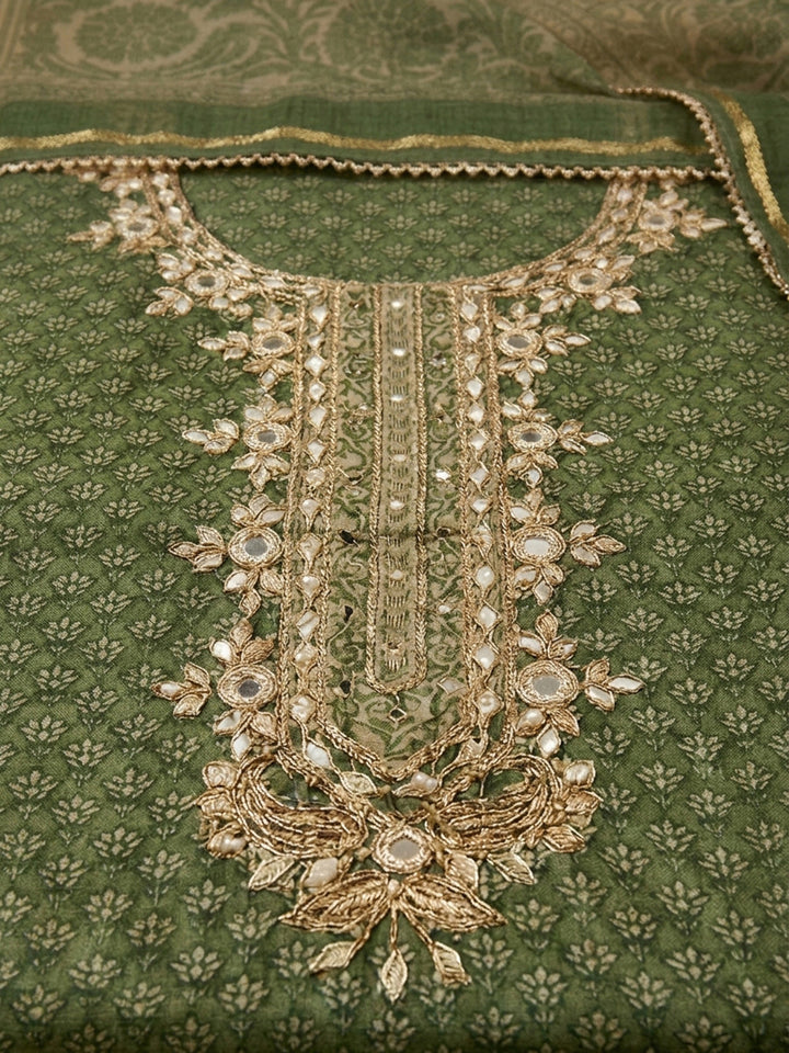 Green Embroidery Chanderi Unstitched Dress Material