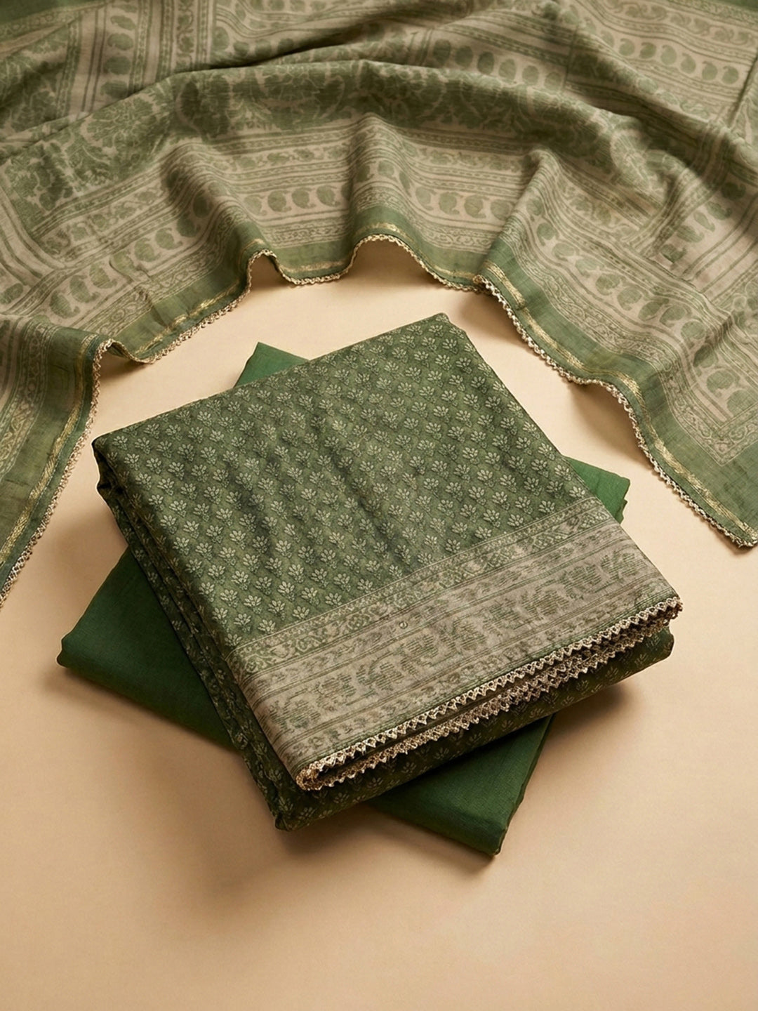 Green Embroidery Chanderi Unstitched Dress Material