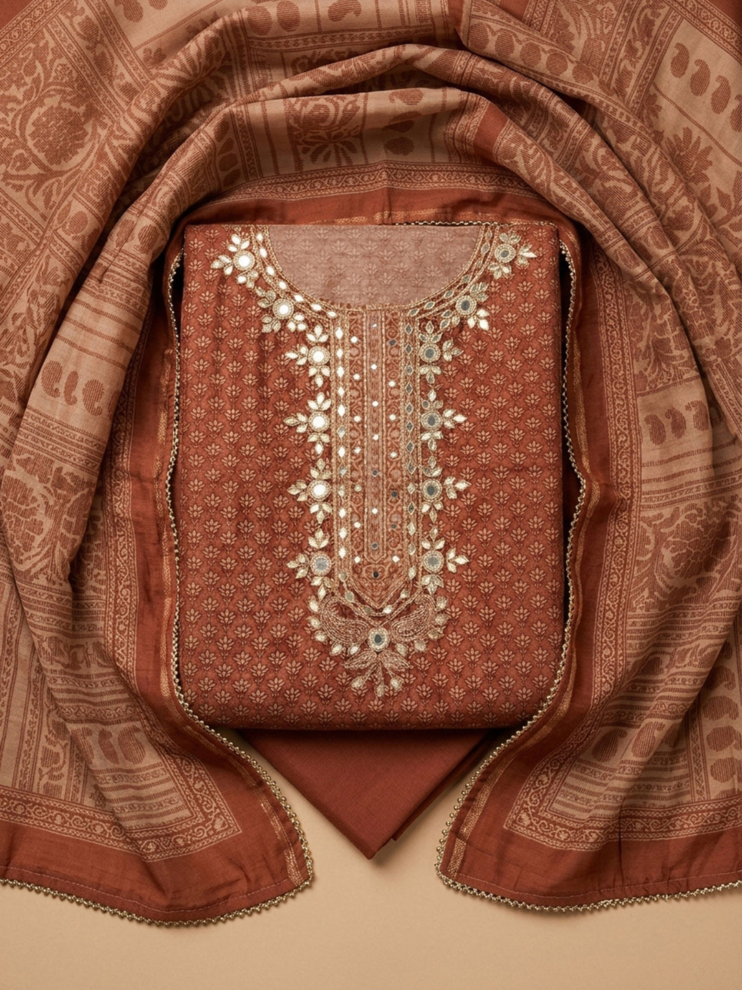 Maroon Embroidery Chanderi Unstitched Dress Material