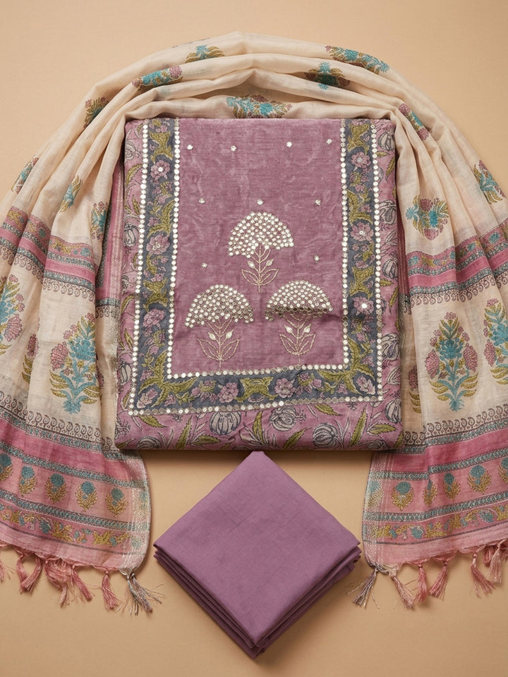 Onion Pink Printed Chanderi Unstitched Dress Material