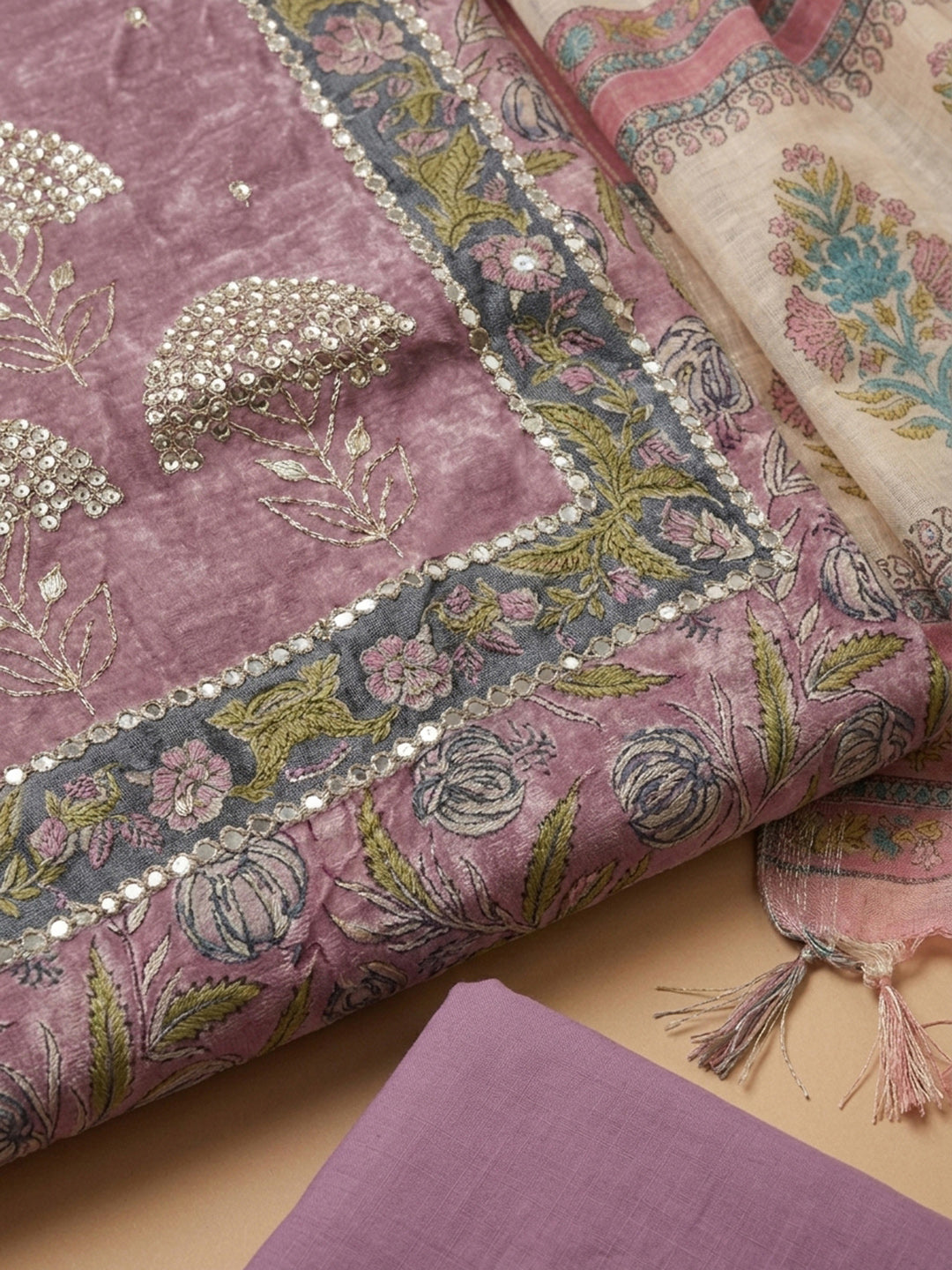 Onion Pink Printed Chanderi Unstitched Dress Material