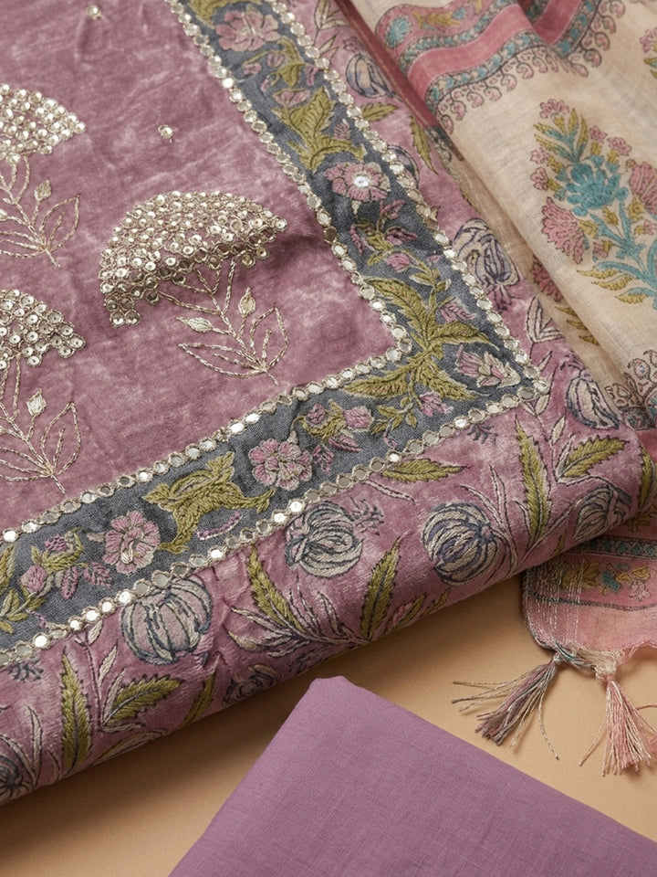 Onion Pink Printed Chanderi Unstitched Dress Material