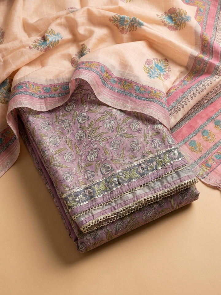 Onion Pink Printed Chanderi Unstitched Dress Material