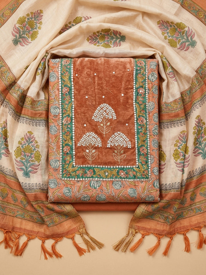 Peach Printed Chanderi Unstitched Dress Material