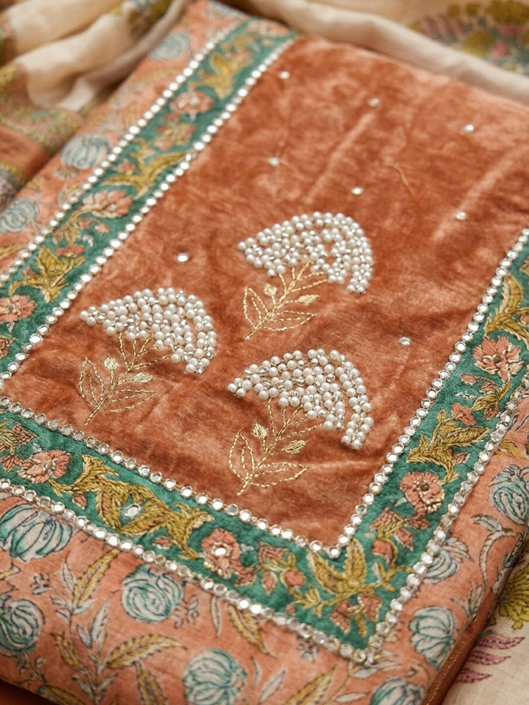 Peach Printed Chanderi Unstitched Dress Material