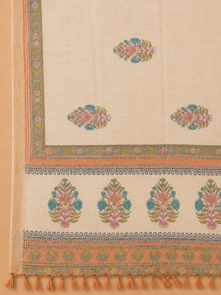 Peach Printed Chanderi Unstitched Dress Material