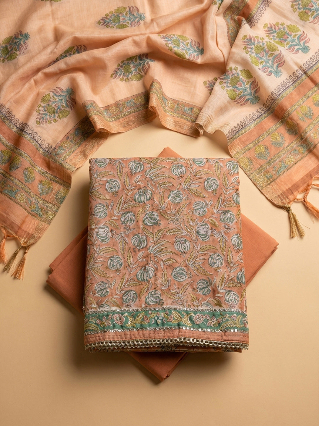Peach Printed Chanderi Unstitched Dress Material