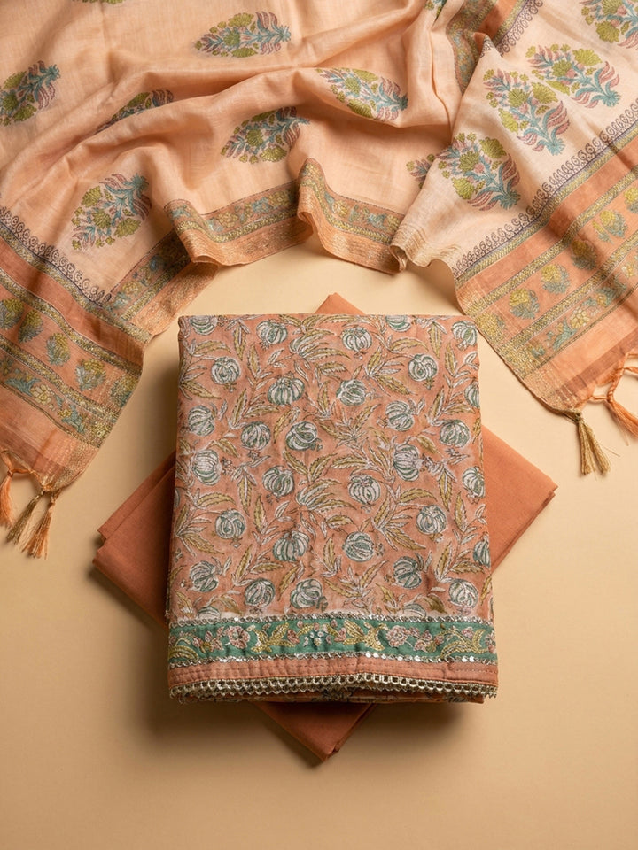 Peach Printed Chanderi Unstitched Dress Material