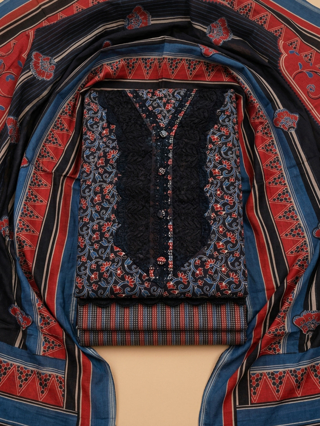 Black Embroidery Cotton Blend Unstitched Dress Material