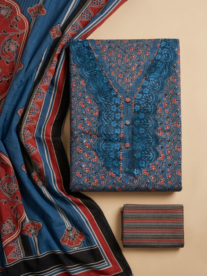 Blue Embroidery Cotton Blend Unstitched Dress Material