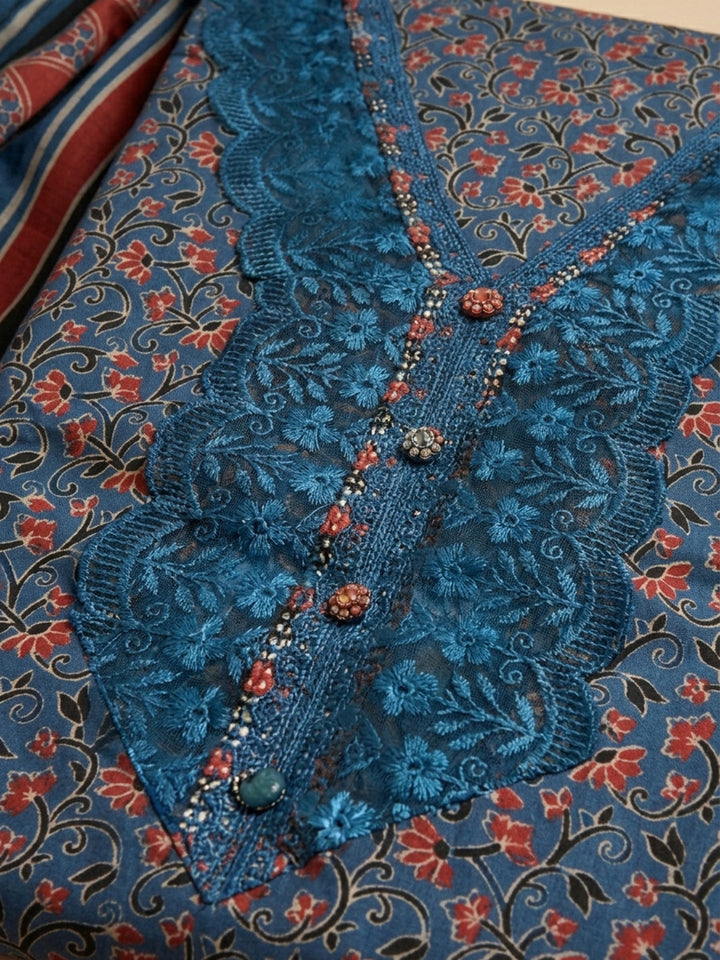 Blue Embroidery Cotton Blend Unstitched Dress Material