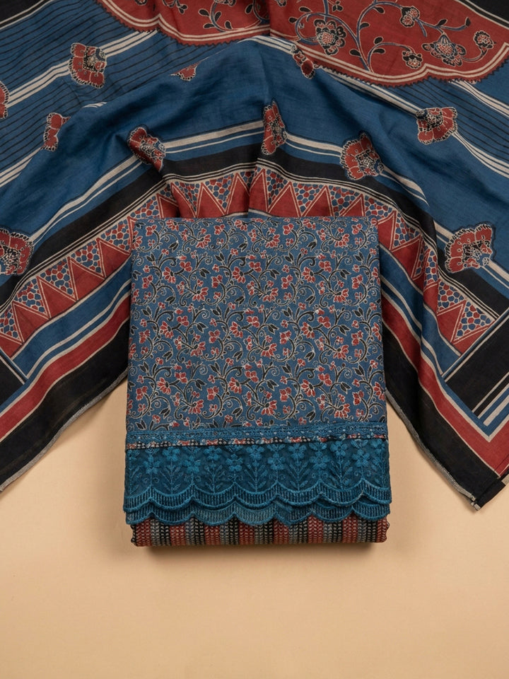 Blue Embroidery Cotton Blend Unstitched Dress Material