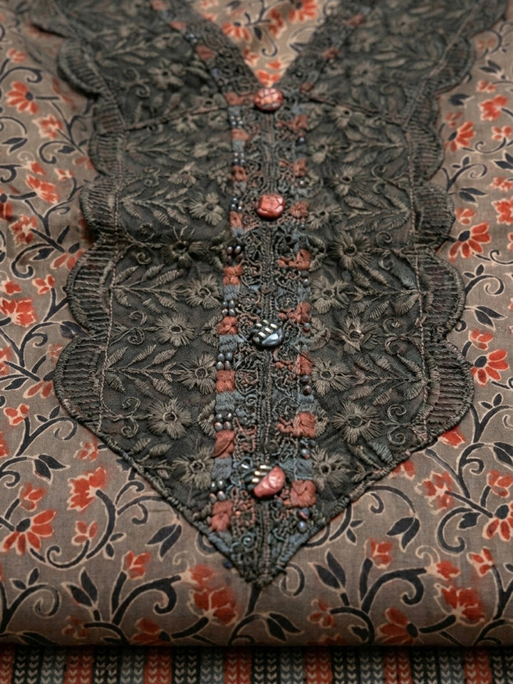 Grey Embroidery Cotton Blend Unstitched Dress Material