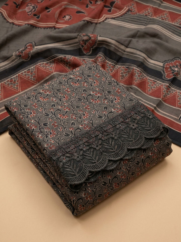 Grey Embroidery Cotton Blend Unstitched Dress Material