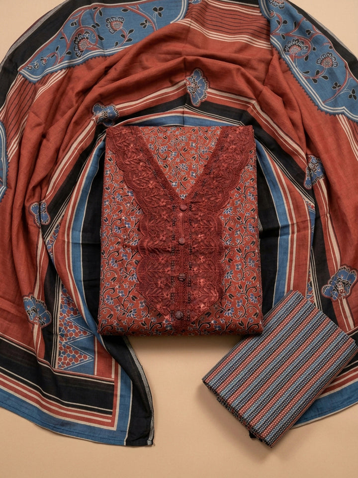 Red Embroidery Cotton Blend Unstitched Dress Material