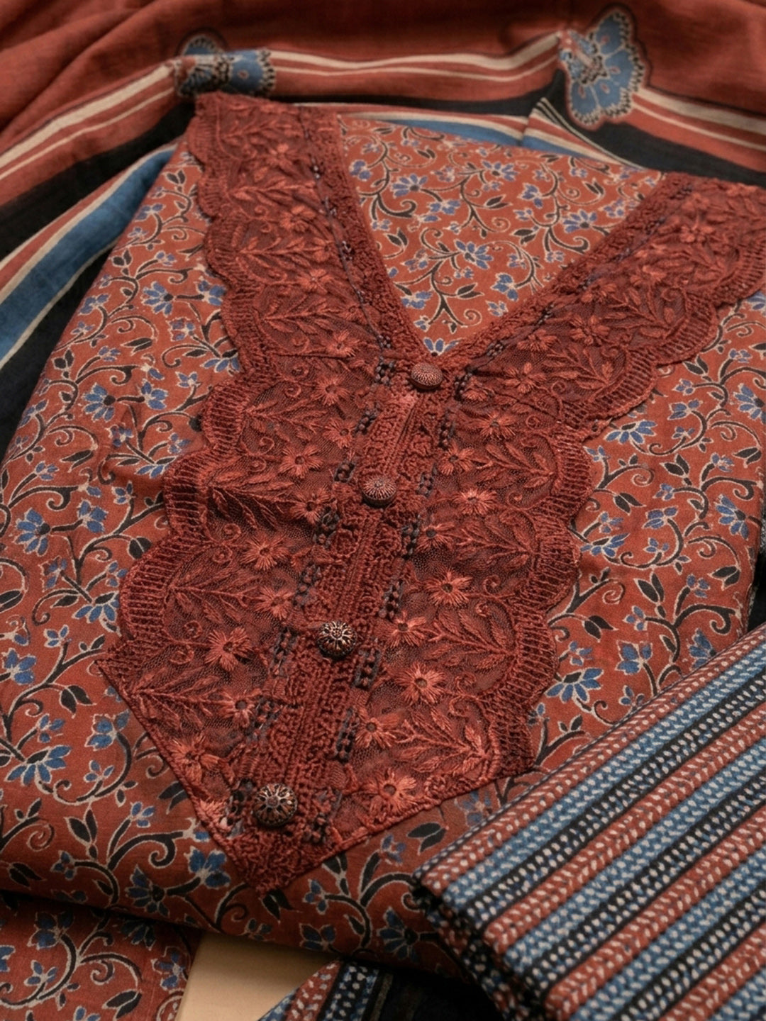 Red Embroidery Cotton Blend Unstitched Dress Material