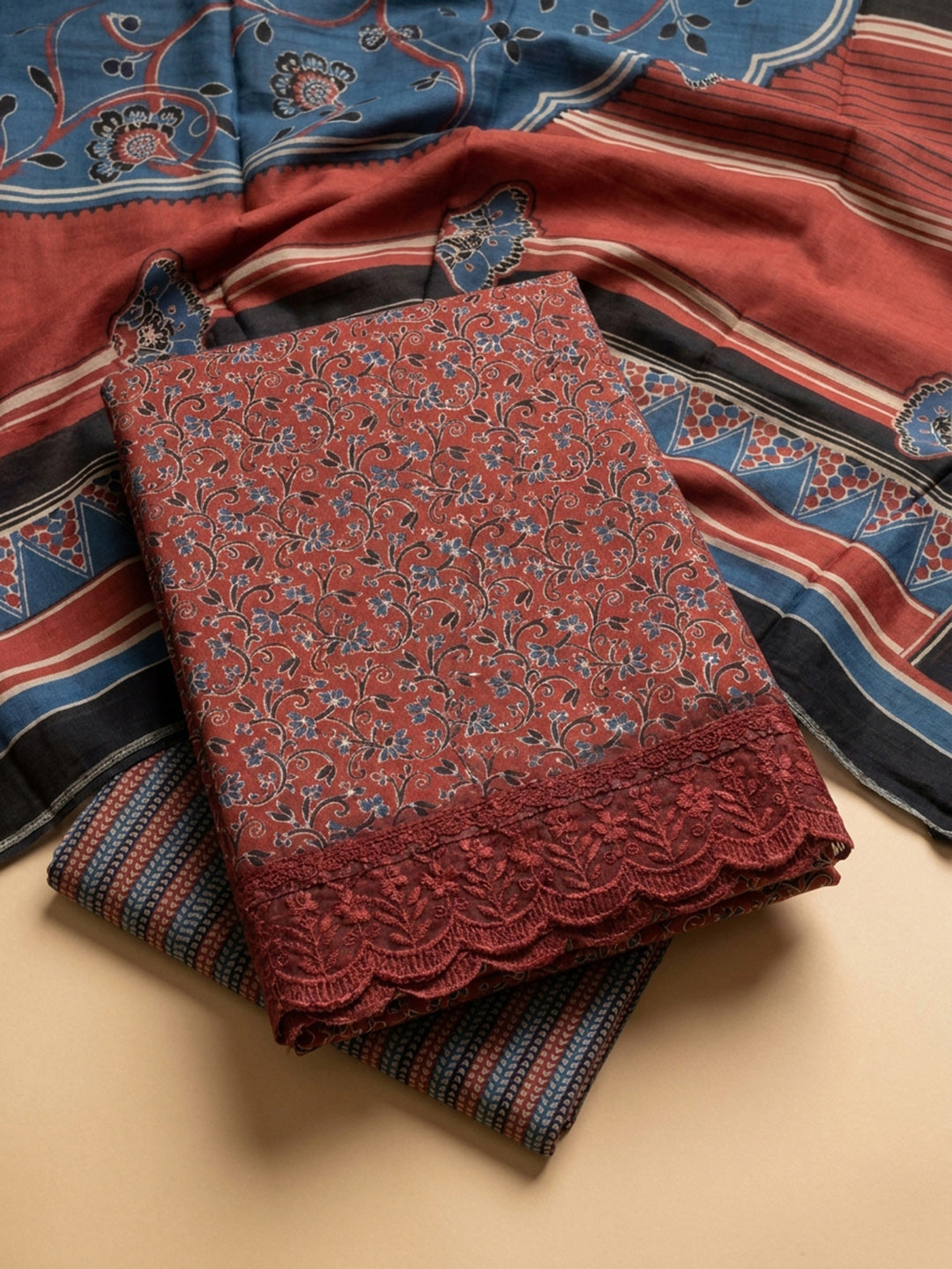 Red Embroidery Cotton Blend Unstitched Dress Material